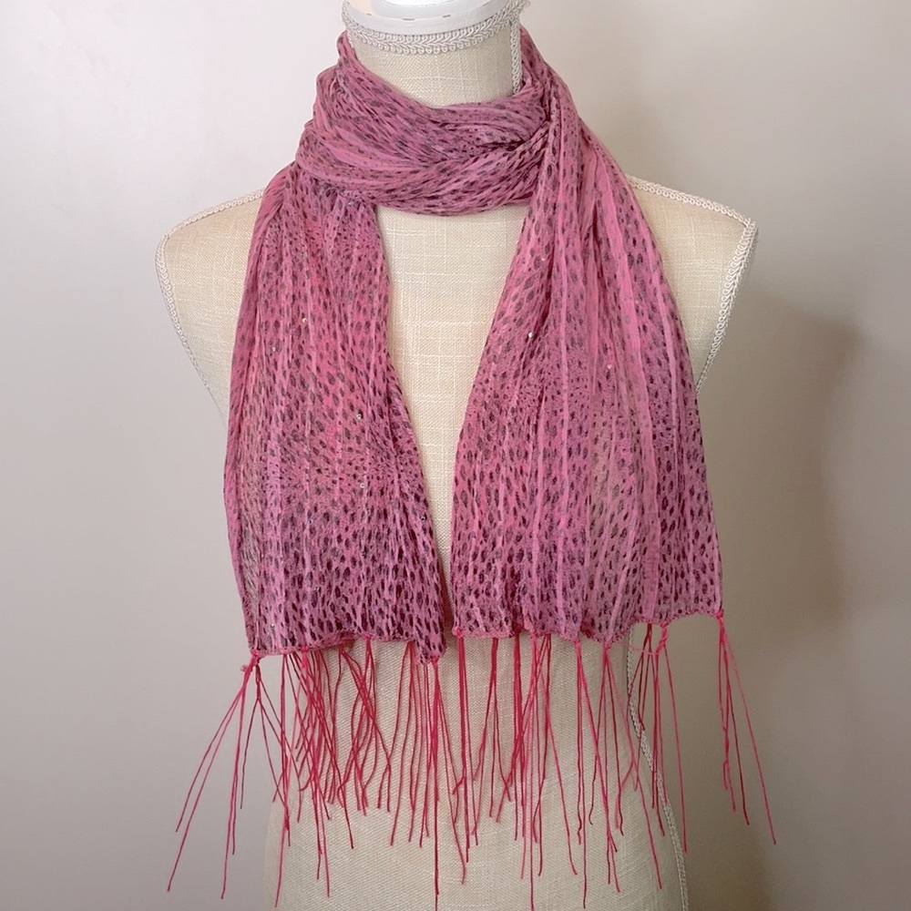 Lovello Pink with Black Animal Print and Sequins Fringe Scarf
